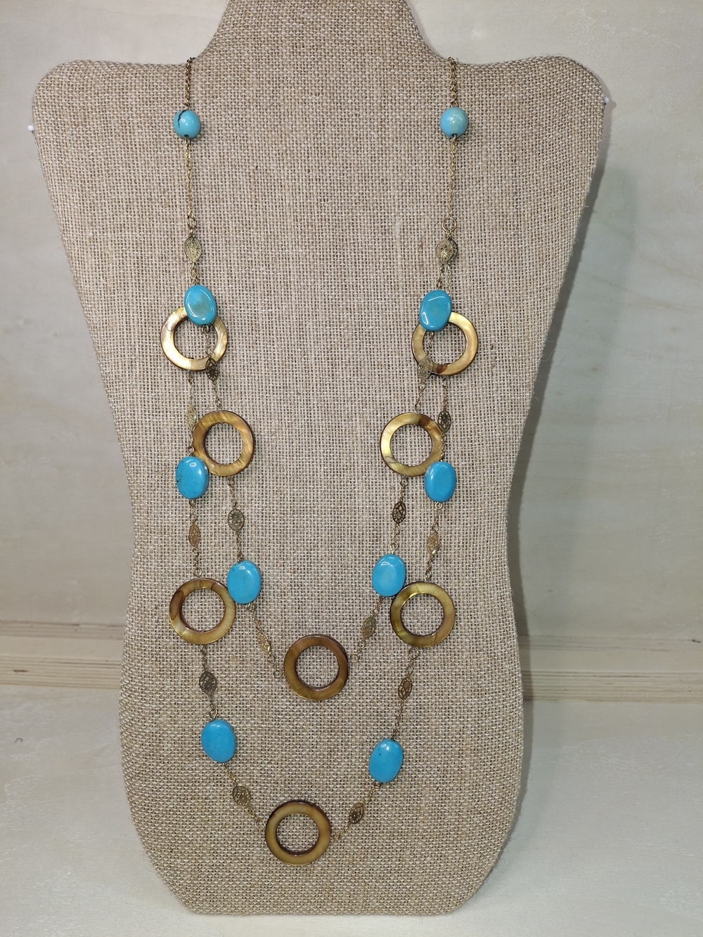 Turquoise & Shell MOP Gold Long Statement Necklace